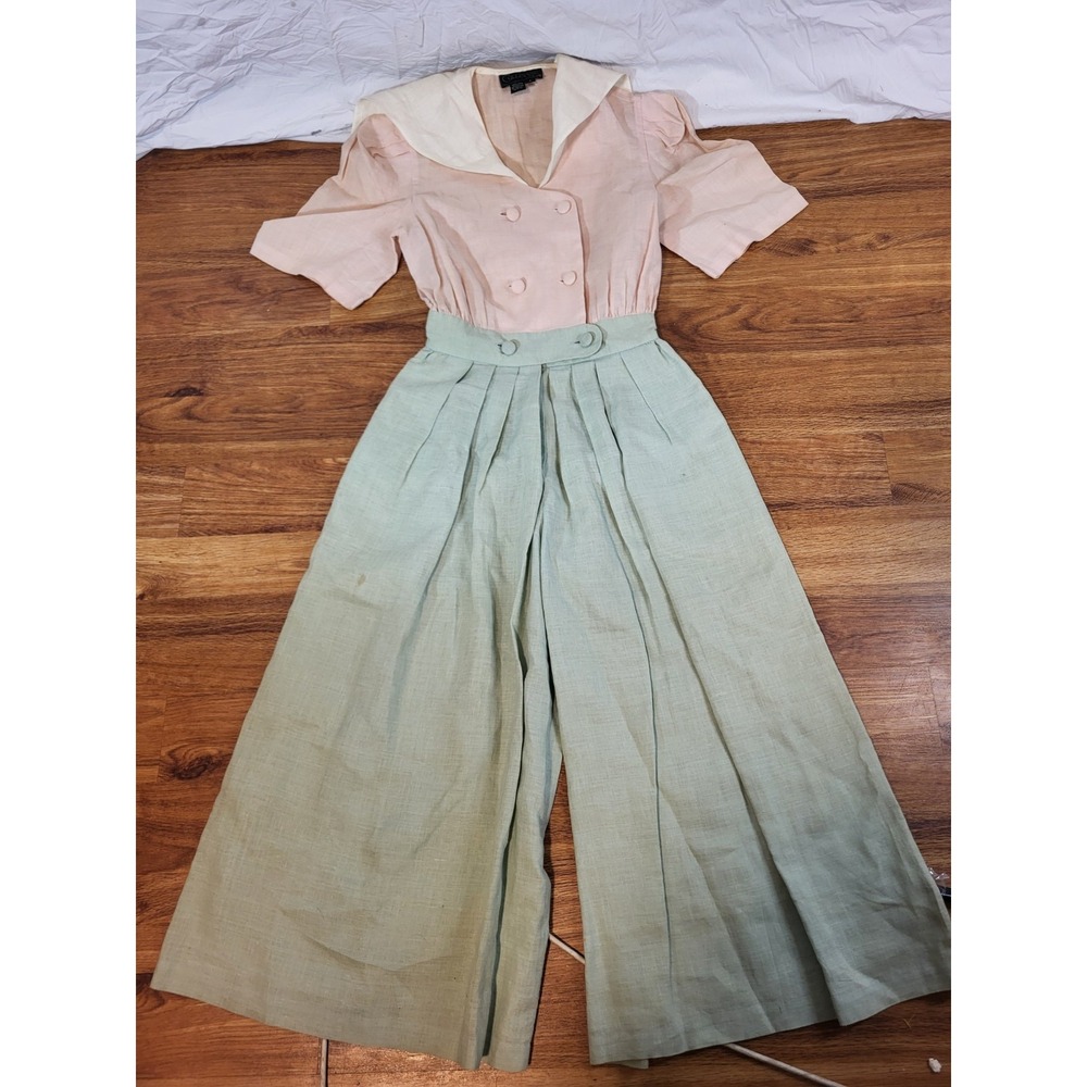 Vintage Cullinane Size 4 100% Linen Pink & Green 1‎ Piece Wide Leg